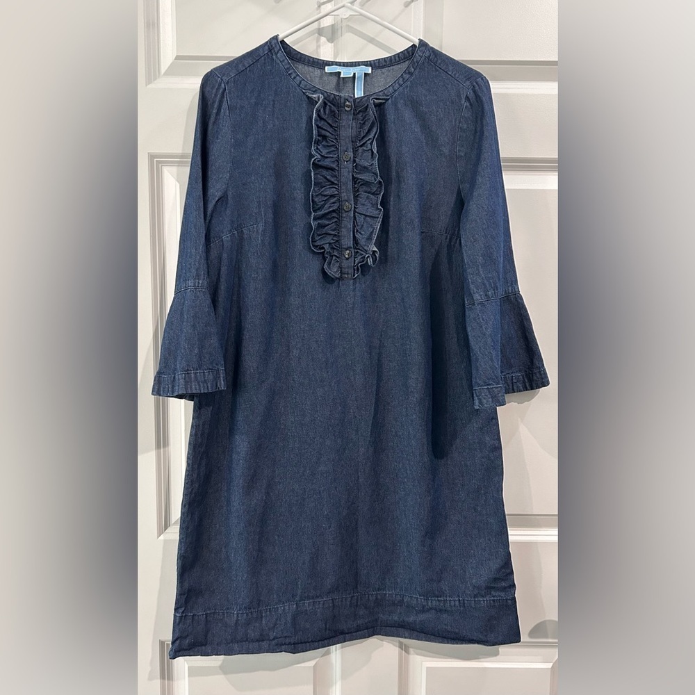 Draper James Denim Blue Chambray Ruffle Shift Dress Size‎ 10 Southwestern Preppy